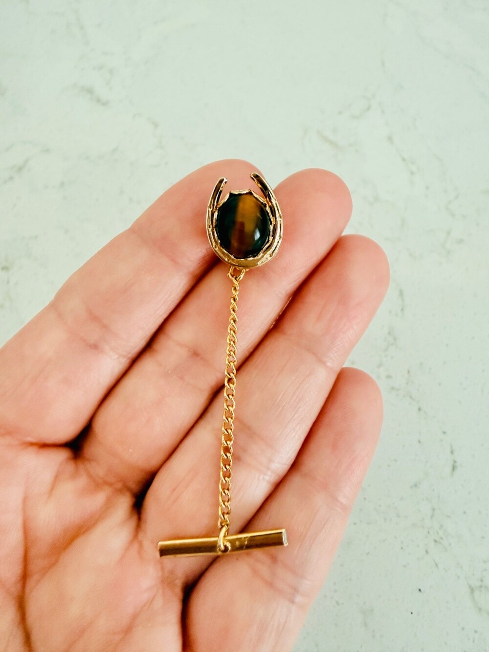 Vintage Horseshoe Tiger's Eye Tie Tack | Gold Tone | Chain & T-Bar | Lucky Charm